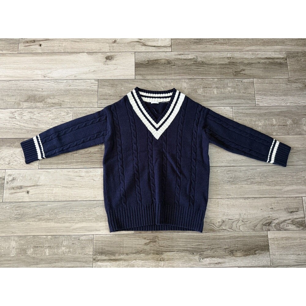 GU Japan Navy Blue Striped v neck Sweater with white stripped collar Size S